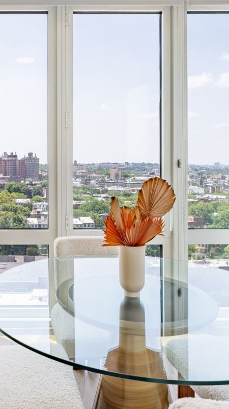 View of an apartment at 595 Dean St, showing the dining area and looking out across the Prospect Heights neighborhood.